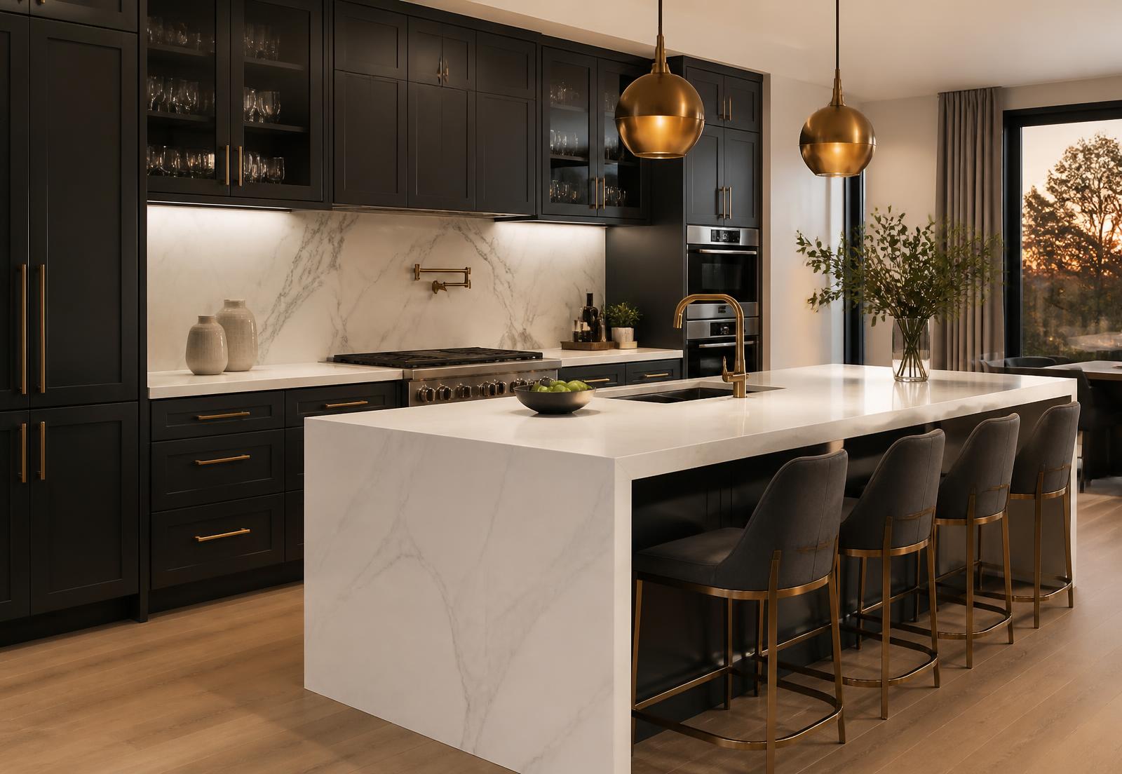 Luxury Charlotte kitchen with quartz waterfall island and marble backsplash
